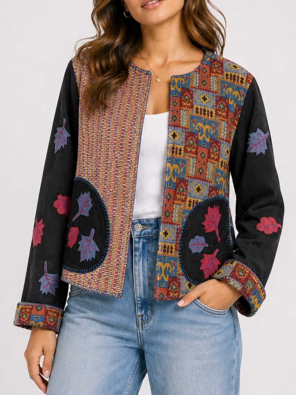 Stonebridge Patchwork Tapestry Jacket Leaf Appliqué Vintage Style Petite Large